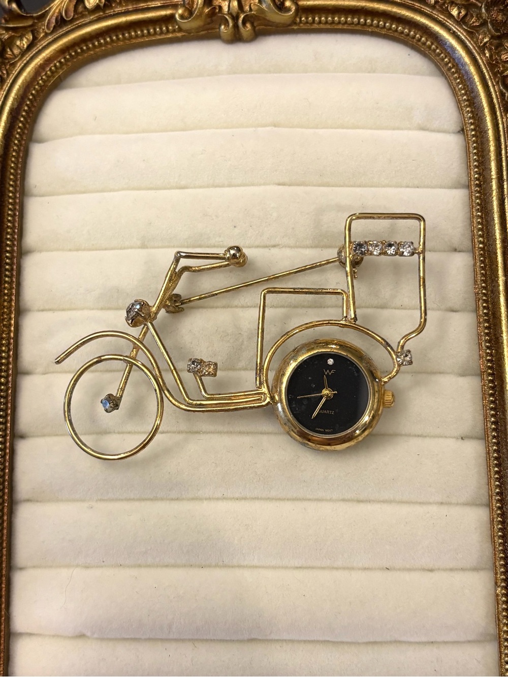 Wire Metal Bicycle Brooch Gold Tone Rhinestones Quartz Clock Stainless Steel